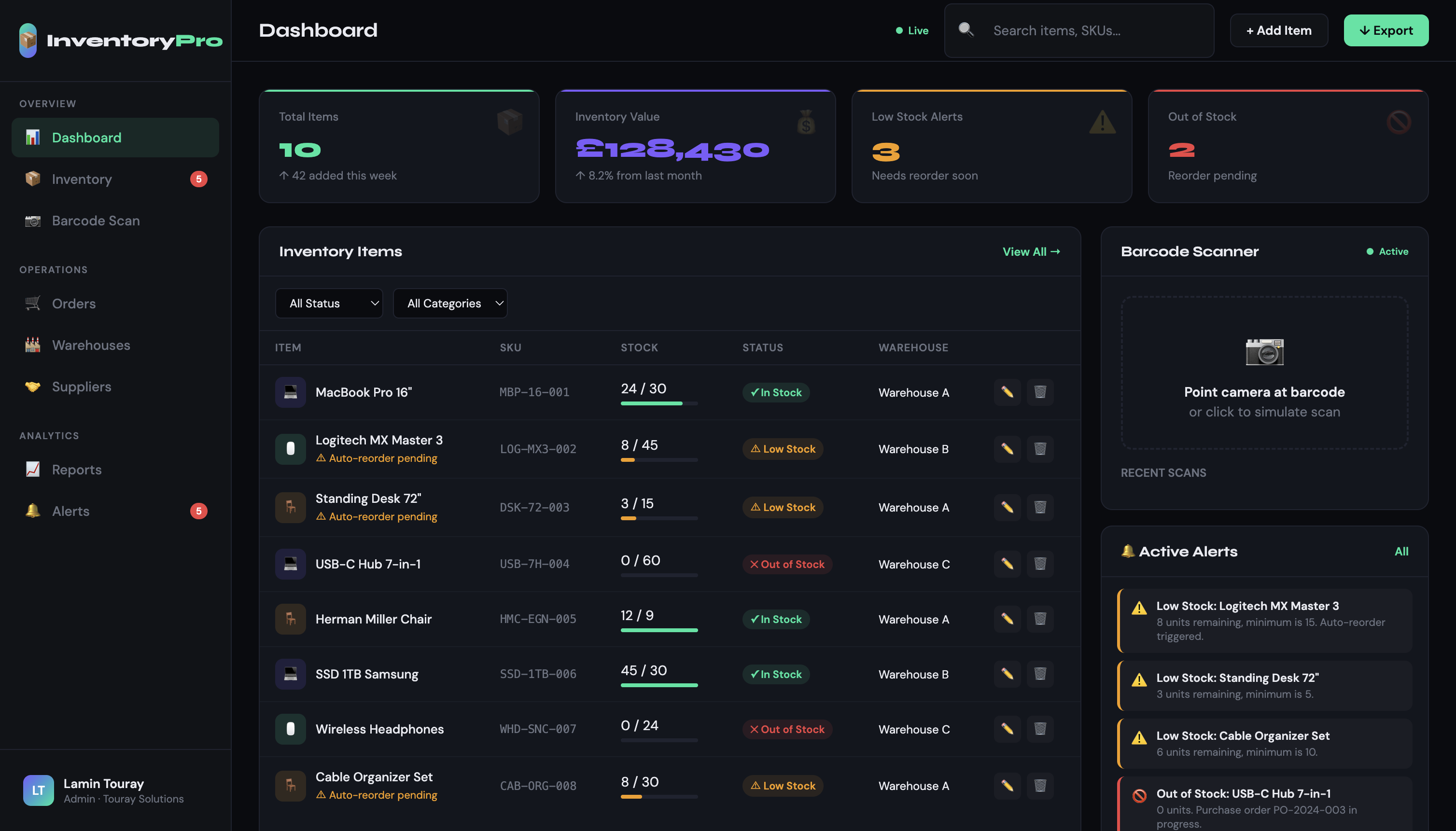 InventoryPro stock tracking dashboard with multi-warehouse view, built by Touray Solutions