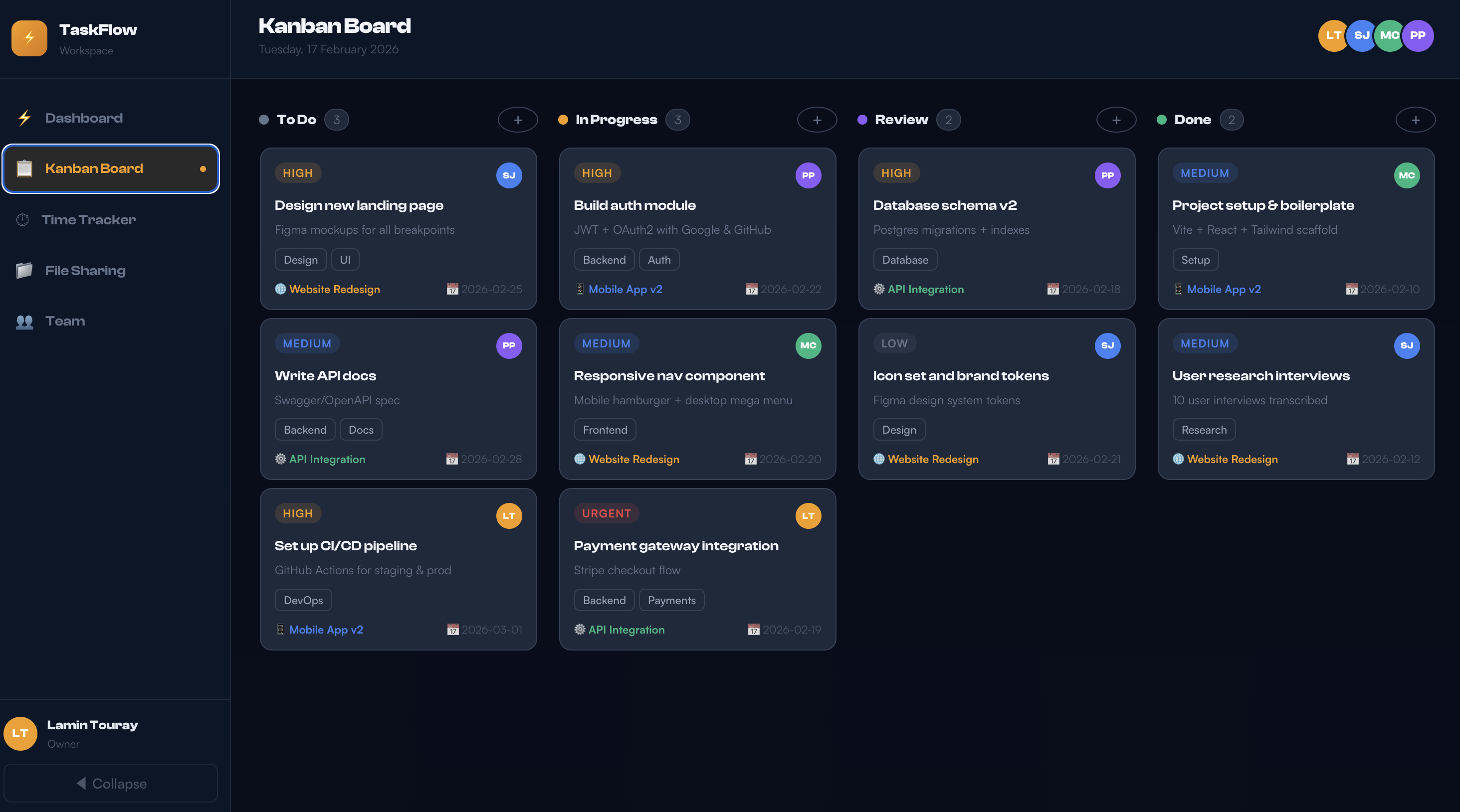 TaskFlow project management app showing kanban boards and team collaboration, built by Touray Solutions